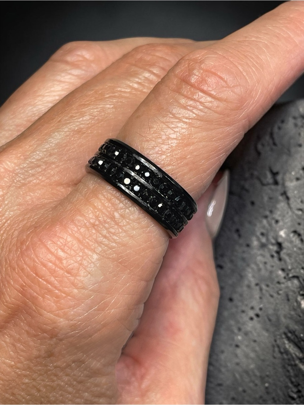 Black Steel Channel Set Crystal Band Ring Size 9 Unisex